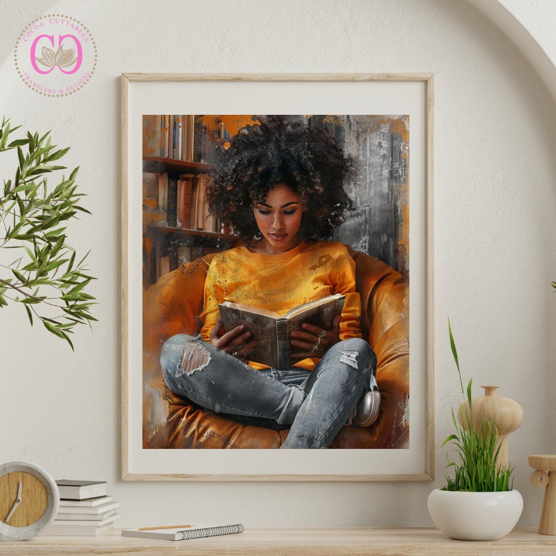 Afro American Woman Book Serenity Artwork Black Woman Reading Book