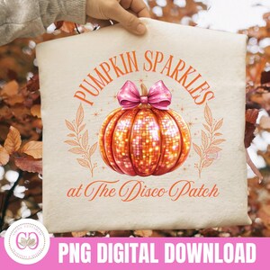 Immagine PNG di una zucca scintillante in stile discoteca, design autunnale per Halloween (download digitale)