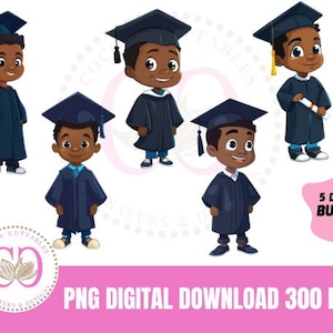 5 Black Boy Graduate Clipart Bundle BlackKid Graduation Sublimation Png Little Boy Cap And Gown Clipart PreK Grad Kindergarten PNG Download