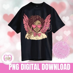 Afro-Amerikaanse Cupido, vredesteken Cupido, roze zonnebril en vlinderdas, vintage Valentijnsdag png, grappige cupido Valentijnsdag digitale png-download