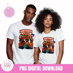 May include: White t-shirts with a colorful graphic design featuring a group of people playing cards, the word "Juneteenth" above a burning building, and flags. The phrase "PNG DIGITAL DOWNLOAD" is at the bottom.