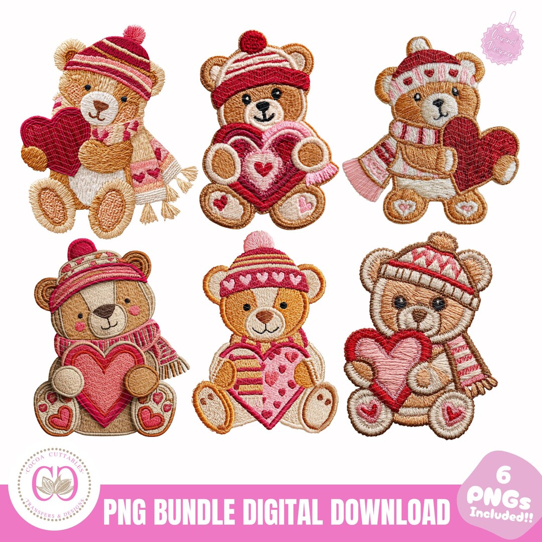 Valentine Teddy Bear Faux Embroidery Patchwork Bundle, Romantic ...