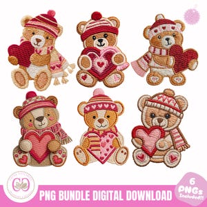 May include: Six embroidered teddy bear designs, each holding a heart. The bears wear red and pink hats and scarves. The image includes the text "PNG BUNDLE DIGITAL DOWNLOAD" and "6 PNGs Included!!".