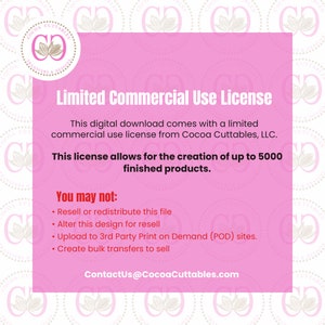 May include: Pink digital download with text: "Limited Commercial Use License." The license allows for up to 5000 finished products. It also states what is not allowed, including reselling or redistributing the file.