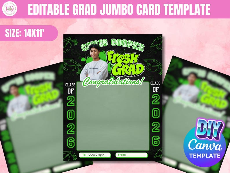 Graduation 2026 Green Black Jumbo Card, Canva Editable Grad Treat Congratulation Card Jumbo Treat Card Templates,Canva Editables,School Life image 1