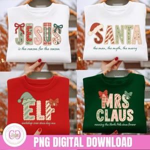 Op de afbeelding: Vier kerst-sweatshirts. Een wit sweatshirt zegt "JESUS is de reden voor het seizoen". Een ander wit sweatshirt zegt "SANTA de man, de mythe, de vrolijke". Een rood sweatshirt zegt "ELF workshop crew sinds dag één". Een groen sweatshirt zegt "MRS CLAUS die de Noordpool voor altijd runt".