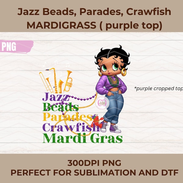 Mardi Gras Jazz Beads Paradise Crawfish Betty Boop, PNG, Purple, Instant Download, Digitals, Tiktok, use for sublimation and DTF