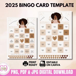 Donna afroamericana stampabile 2025 Bingo Card / Buoni propositi per il nuovo anno / Carta intestata USA e A4 / PNG JPG PDF Download immediato