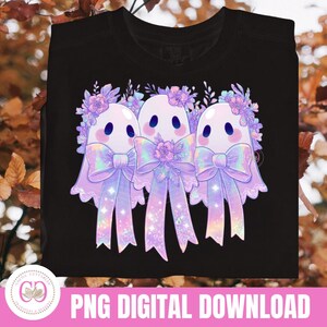 Iridescent Ghost Friends PNG, Coquette Halloween Png, Cute Girly Spooky Season Png, Retro Neon Coquette Spooky Ghost Sublimation Design