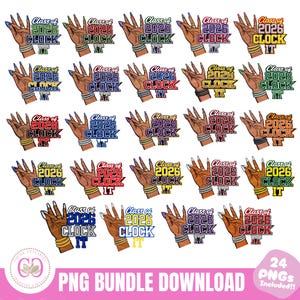 May include: A collection of PNG graphics featuring a hand with long, painted nails and multiple bracelets. Each graphic displays "Class of 2026" and "Clock It" in various colors. The image includes a "PNG BUNDLE DOWNLOAD" text.