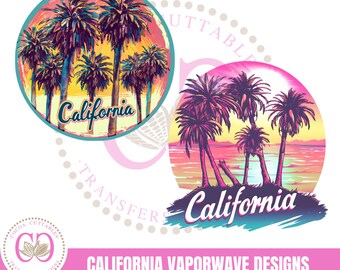 California Vaporwave Clipart Designs Bundle, California Sticker Png, Palm Tree, Tropical Retro Summer Vibes, Retro Beach Graphics StickerPNG