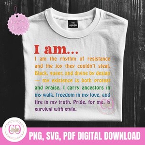 May include: White t-shirt with the text "I am..." in red, followed by a colorful poem. The shirt features a round neck and a small logo. The design includes the words "Black, queer, and divine by design."
