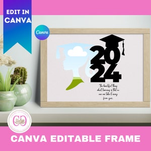 Cadre silhouette féminine diplômée 2024 avec citations, cadre toile modifiable GRAD, cadre toile, glisser-déposer senior, modèles toile de remise des diplômes
