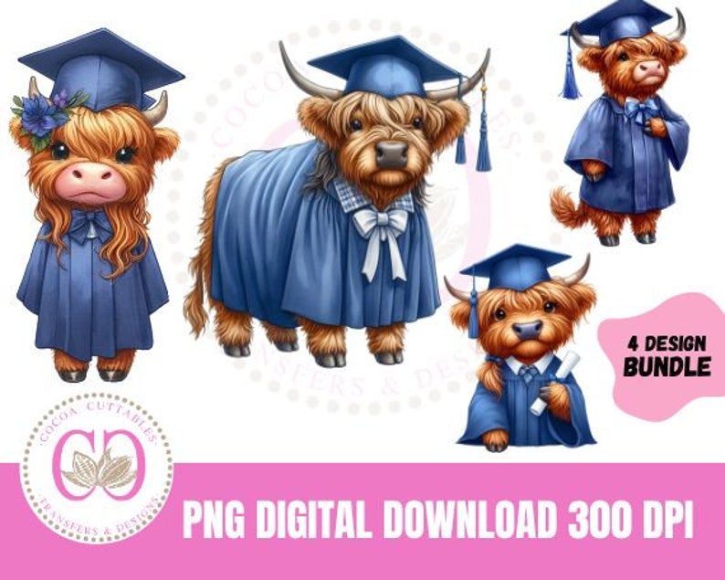 Watercolor Graduation Highland Cow Clipart, Chibi Cow PNG (digital ...