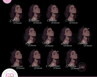 Paquete de imágenes prediseñadas del zodiaco de chica negra / Paquete de imágenes prediseñadas del zodiaco / Paquete de imágenes prediseñadas de signos del zodiaco PNG para revistas, imágenes prediseñadas de sublimación de 300 ppp