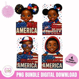 Little Mister & Fräulein Amerika Schwarzes Peekaboo-Kinderpaket, schwarzer Afro-Junge-Png, schwarzes Afro-Mädchen-Png, amerikanische Flagge, 4. Juli PNG-Sublimation