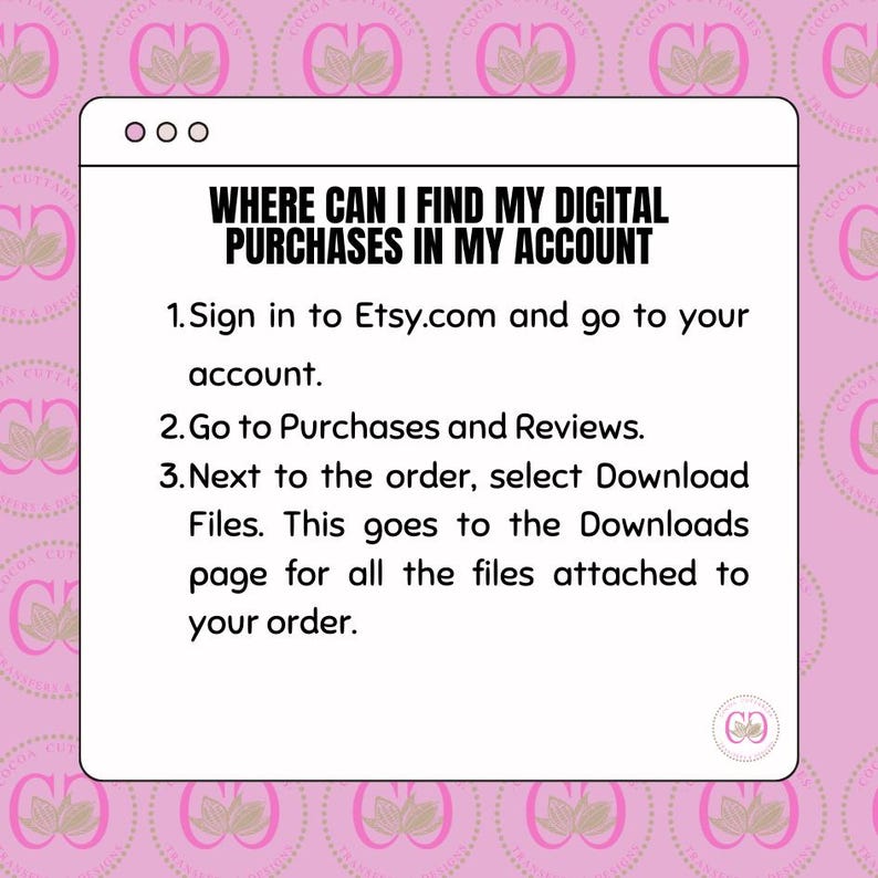 Op de afbeelding: Een roze en witte afbeelding met een witte rand en zwarte tekst die "WHERE CAN I FIND MY DIGITAL PURCHASES IN MY ACCOUNT" luidt, gevolgd door een lijst met instructies over hoe je digitale aankopen op Etsy.com kunt vinden.