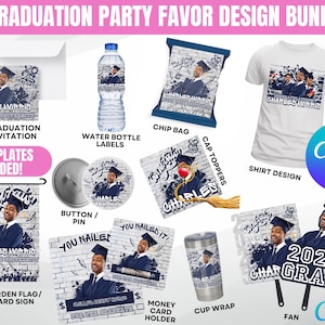 Graduation 2025 Party Favor Template Bundle, Graffiti Blue Canva Editable Graduation Treats Design, Party Favor Custom Water Labels,Chip Bag