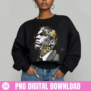 May include: Black sweatshirt featuring a graphic portrait of a man wearing glasses, composed of black, white, and yellow images. The sweatshirt has long sleeves and a crew neck. The words "PNG DIGITAL DOWNLOAD" are at the bottom of the image.