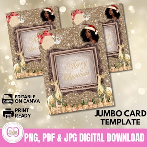 Modelos de cartão de guloseimas gigantes para o Natal de mulher negra elegante, cartão de Natal gigante, presente de Natal, PNG, JPG, PDF, pronto para impressão, modelo Canva