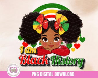 Könnte beinhalten: Eine digitale Illustration eines schwarzen Mädchens mit Afro, das rote Kleidung und eine grün-gelb-rote Schleife trägt. Der Text "I am Black History" ist in roten, gelben und grünen Buchstaben geschrieben.