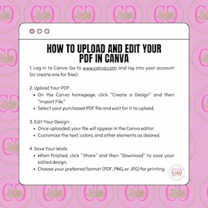 Op de afbeelding: Een roze en witte afbeelding met zwarte tekst die uitlegt hoe je een PDF-bestand in Canva uploadt en bewerkt. De tekst bevat het websiteadres www.canva.com en instructies over het maken van een ontwerp, het importeren van een bestand, het bewerken van het ontwerp en het opslaan van het werk.