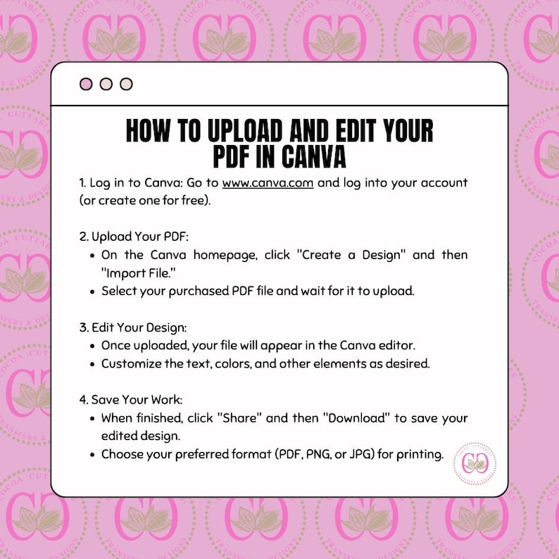 Op de afbeelding: Een roze en witte afbeelding met zwarte tekst die uitlegt hoe je een PDF-bestand in Canva uploadt en bewerkt. De tekst bevat het websiteadres www.canva.com en instructies over het maken van een ontwerp, het importeren van een bestand, het bewerken van het ontwerp en het opslaan van het werk.