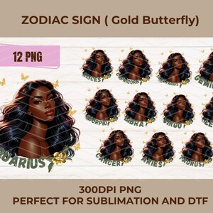 Black Girl Zodiac Bundle with Gold butterfly | Zodiac Clipart Bundle | Zodiac Signs PNG Bundle for Journals Sublimation Clipart 300dpi png