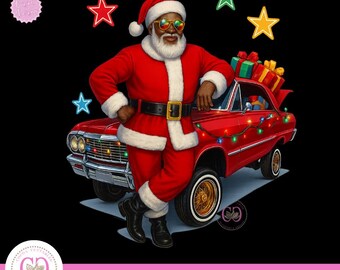 May include: Digital illustration of Santa Claus in a red suit and sunglasses, leaning against a red car decorated with Christmas lights. Colorful stars are in the background. The image includes the text "PNG DIGITAL DOWNLOAD".