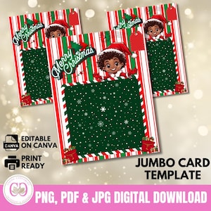 Kleiner Afro Weihnachtsjunge Streifen Jumbo Kartenvorlagen, Jumbo Weihnachtskarte, Weihnachtsgeschenk, PNG, JPG, PDF, druckfertig, Canva Vorlage