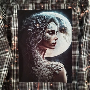 Moon Goddess Flannel Shirt, Bleached Flannel Shirt with Back Patch, Frayed Hem Flannel Shirt, Cancer Zodiac Flannel, Fantasy Shirt, XL Men&#39;s