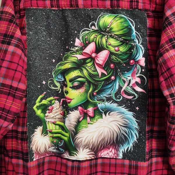 Christmas Flannel Shirt, Flannel Shirt with Back Patch, Christmas Back Patch Flannel, Grinch Flannel, Grinch Christmas Flannel, 2X Women