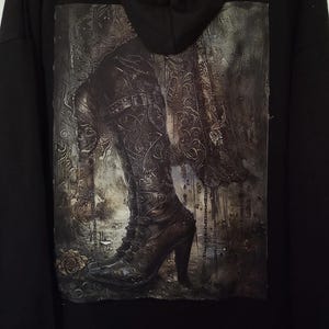 Oversized Zip-Up Hoodie Jacket: Witch Boots Back Patch, 2X Womens