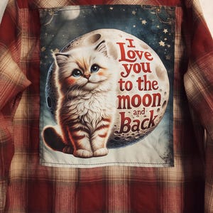 Animal Flannel Shirt, Flannel Shirt with Back Patch, Cat Flannel, Flannel Shirts, Love you to Moon and Back Flannel Shirt, Large Men&#39;s