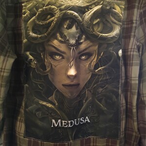 May include: A button-down flannel shirt with a Medusa graphic on the back. The Medusa image is a detailed illustration with snakes for hair and the word "MEDUSA" printed below. The shirt has a brown and tan plaid pattern.