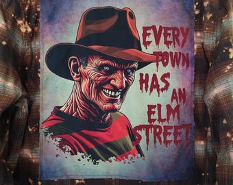 Bleached Halloween Flannel Shirt: Nightmare on Elm Street Patch, XL Men's