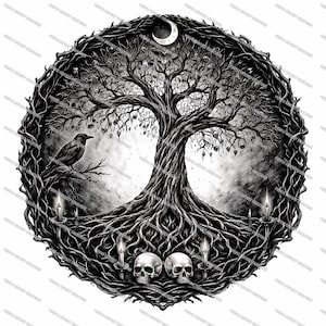 May include: Black and white illustration of a tree with a crow perched on a branch, a crescent moon, and two skulls. The tree's roots and branches are intertwined within a circular frame, with lit candles. The image has the text "PURPLE CRICKET CREATIONS".