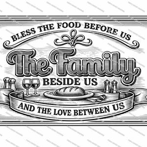 Könnte beinhalten: Schwarz-weißes Schild im Vintage-Stil mit dem Text "Segne das Essen vor uns, die Familie neben uns und die Liebe zwischen uns". Das Bild enthält Illustrationen von Brot, Weingläsern und Salz- und Pfefferstreuern.