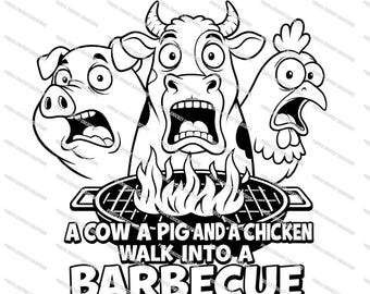 Divertente barzelletta sul barbecue finita male: umorismo sulla griglia di mucca, maiale e pollo (download digitale)