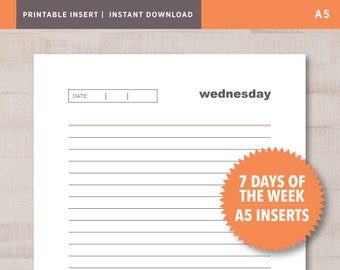 7 Days a Week Journal Pages • Printable Insert for A5 Planners • Monday | Tuesday | Wednesday | Thursday | Friday | Saturday | Sunday