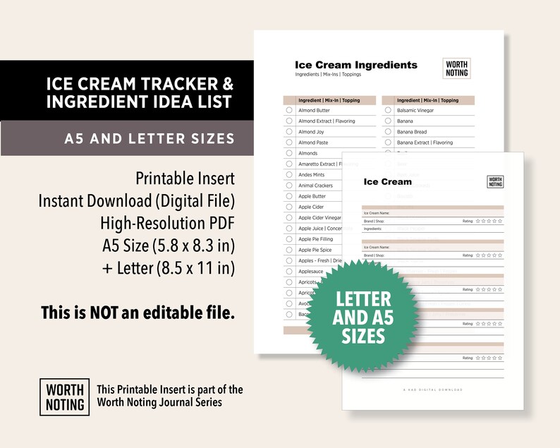 Ultimate Ice Cream List 300 Ingredients, Toppings & Mix-ins Printable Insert Adventure Tracker Log Bucket List A5 Letter Size image 3