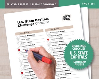50 State Capitals Challenge • Printable Checklist • Adventure Tracker • Bucket List • Travel Journal • Worth Noting • A5 + Letter Size