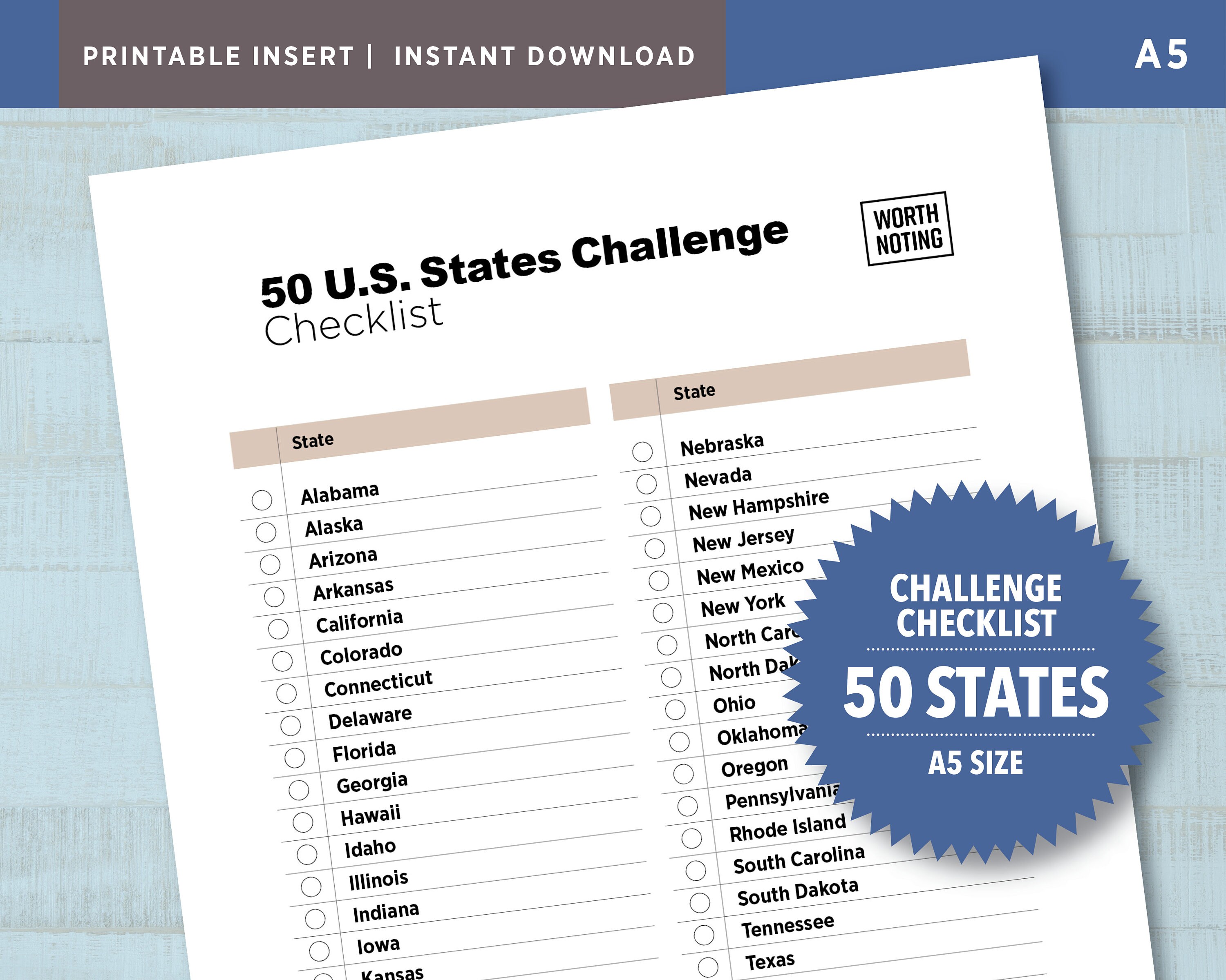 Printable Checklist of the 50 States A5 Challenge Checklist | Etsy