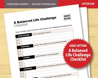 A Balanced Life Challenge Checklist • Letter Size Printable Checklist—Instant Download • Goal Setting • Bucket List Journal • Planner Insert