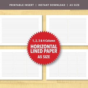 Può includere: Carta rigata orizzontale stampabile in formato A5 con opzioni da 1, 2, 3 e 4 colonne. La carta è bianca con linee nere.
