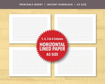 BUNDLE: One, Two, Three and Four-Column Lined Paper • Horizontal Format • Printable Insert • A5 Size • Landscape • Journal Insert