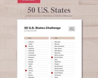 50 U.S. States Challenge Checklist: Adventure Tracker, Bucket List (Digital Download), Printable