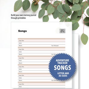 Song Tracker & Music Memory Log: Printable Journal Insert (A5 + US Letter) (Digital Download