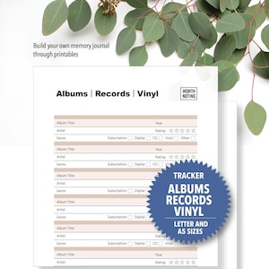 May include: A printable memory journal page with the text "Albums | Records | Vinyl" and a tracker for album title, artist, genre, and rating. Includes a blue sticker that says "Tracker Albums Records Vinyl Letter and A5 Sizes".