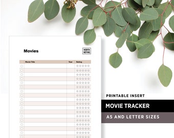 Movie Tracker and Memory Log • Printable Insert • Adventure Tracker • Bucket List • Rating System • A5 + Letter Size • Worth Noting Journal